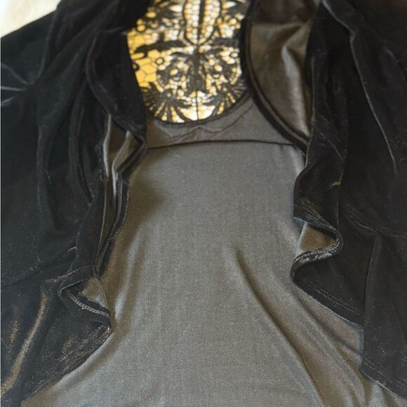 Cardigan Black Velvet Floral Lace ONE WORLD W P Large Open Front Top Whimsigoth - Picture 8 of 8